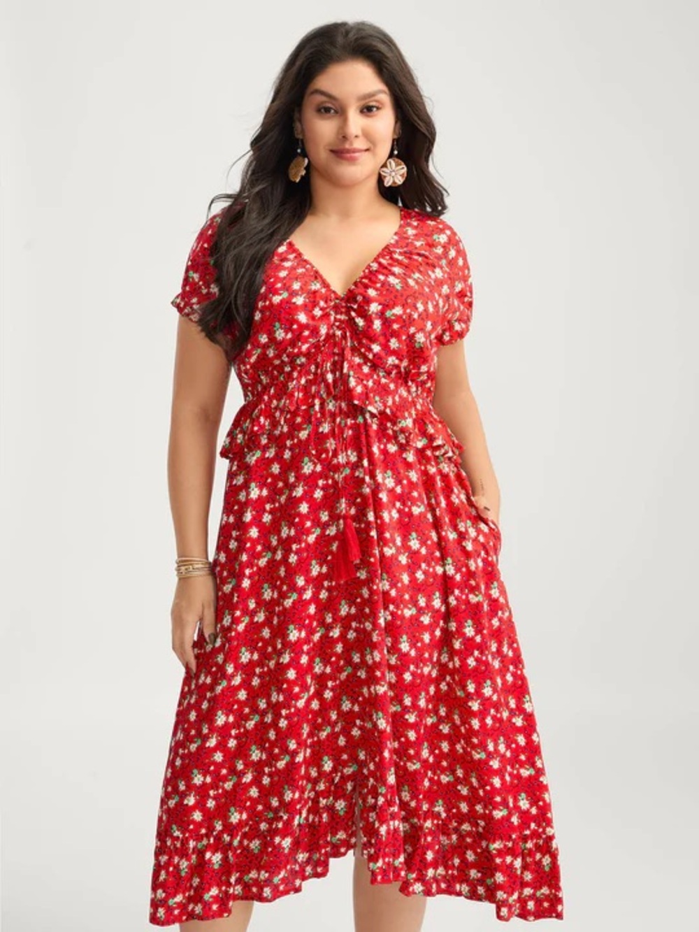 BloomChic Red Floral Tie-Front Midi Dress